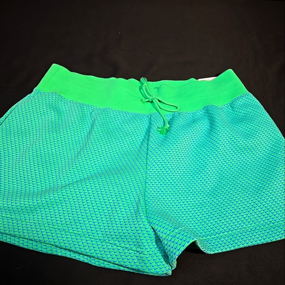 Sz XL Nike Ladies Shorts. Aqua Fleece, Loose Fit, High Rise, Check Pattern, New